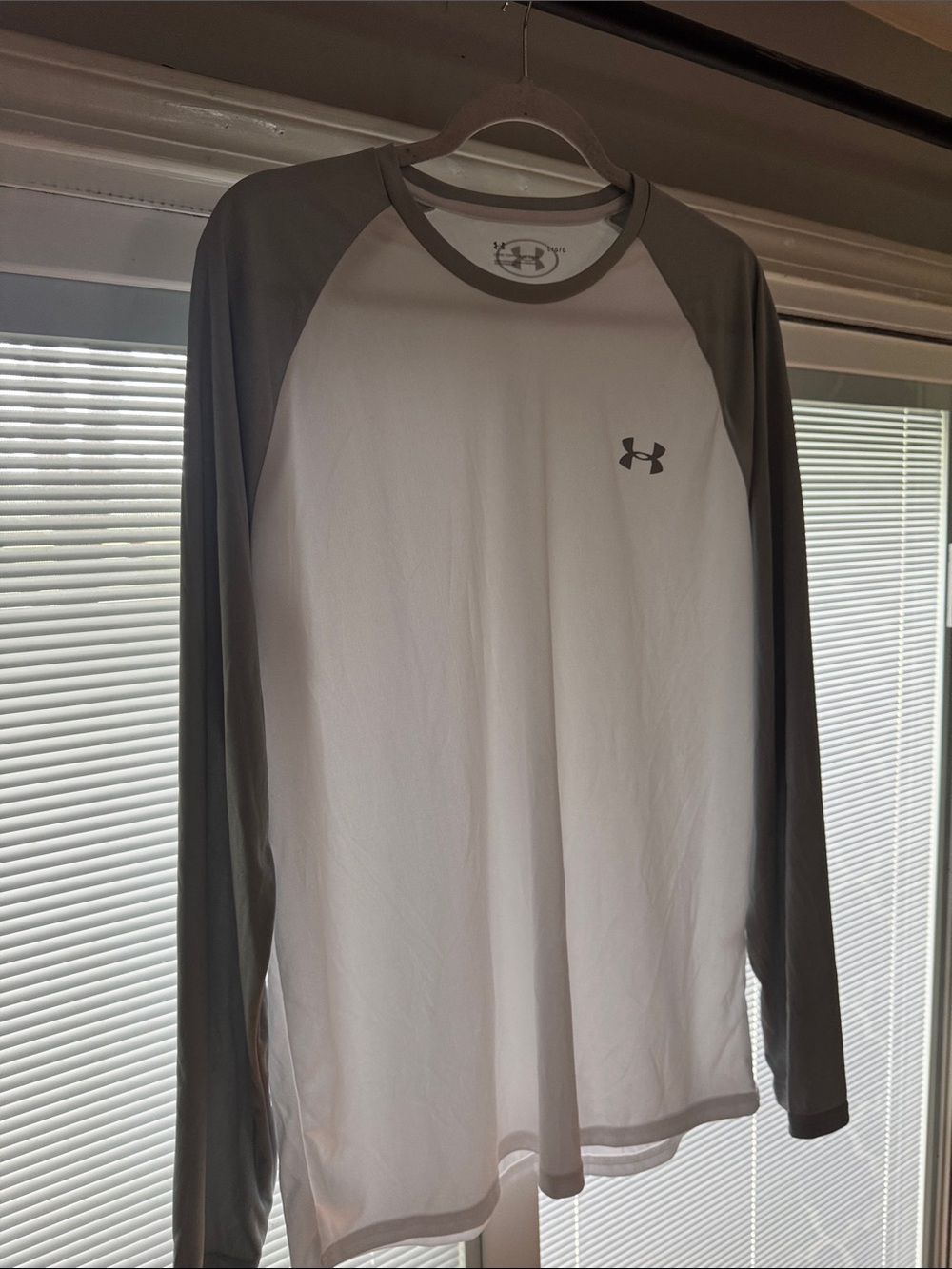 Under Armour White Long Sleeve Baseball style tee with Grey Sleeves